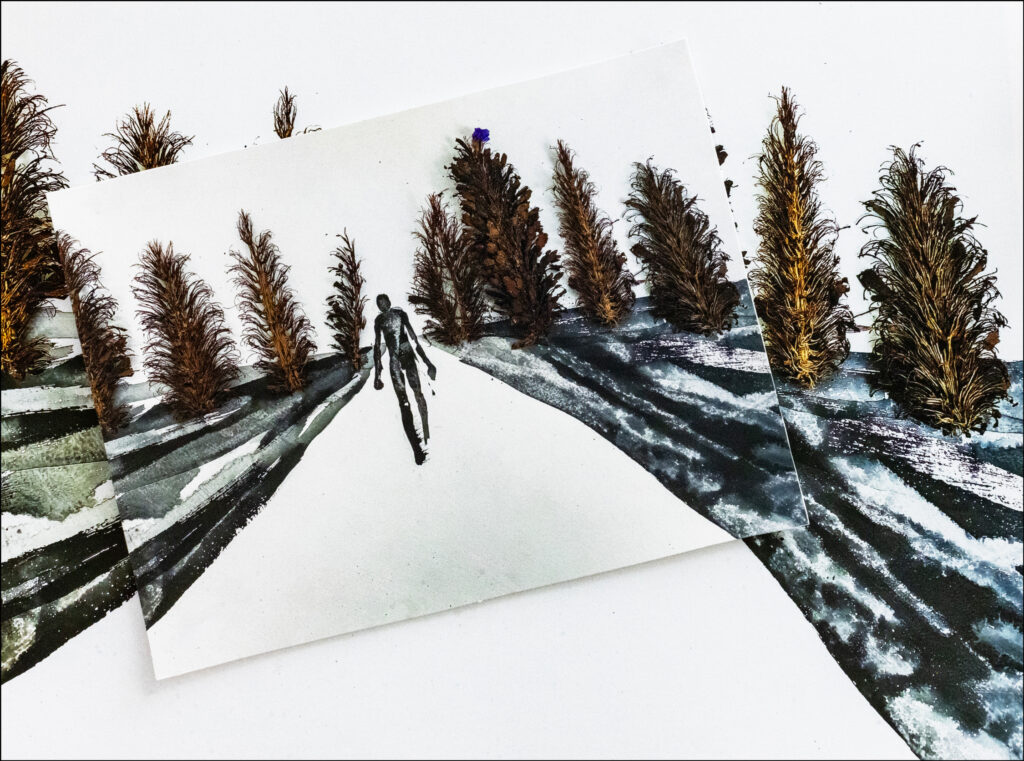 Mary Frank, ROAMING, 2026, paper collage on paper, 12.5 x 16.75