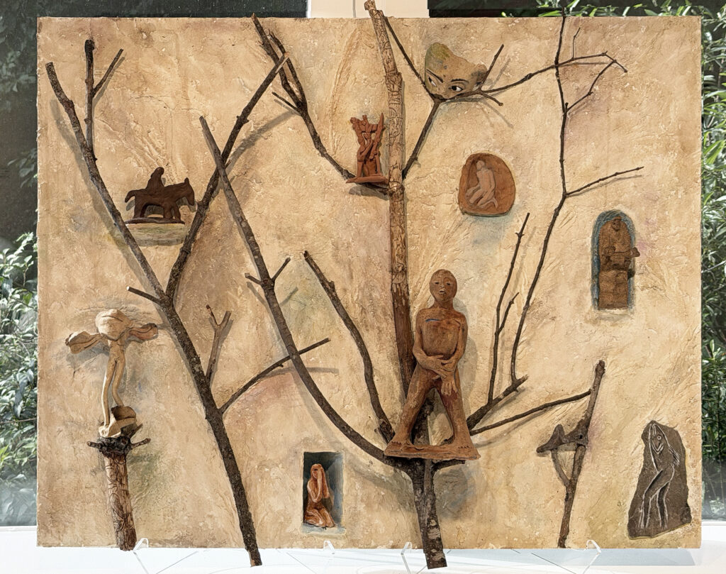 Mary Frank, THE DRIFT, 2024, acrylic,branches, ceramic on board, 32 x 40 inches
